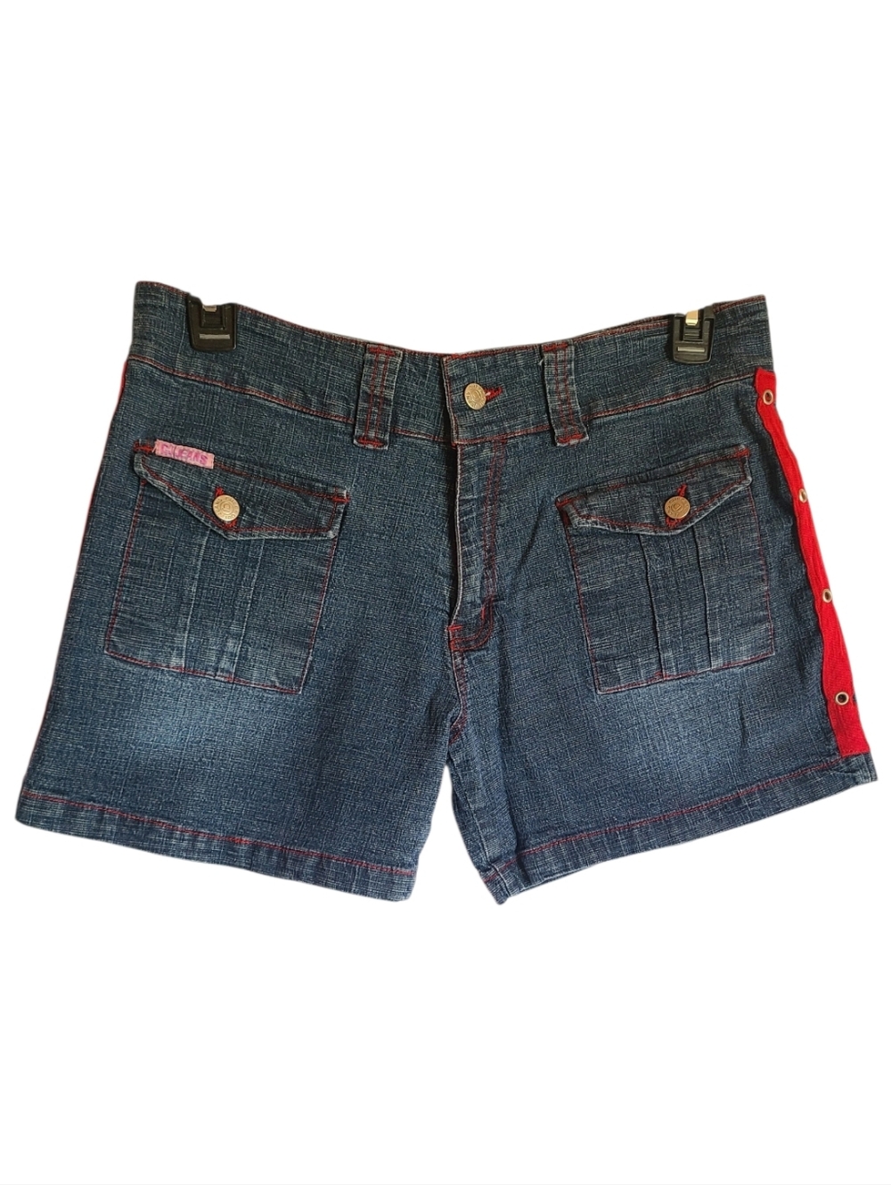 Vintage CJ Jeans Y2K Mid Rise Denim Shorts Red Grommet Stripe Stretch Size 15